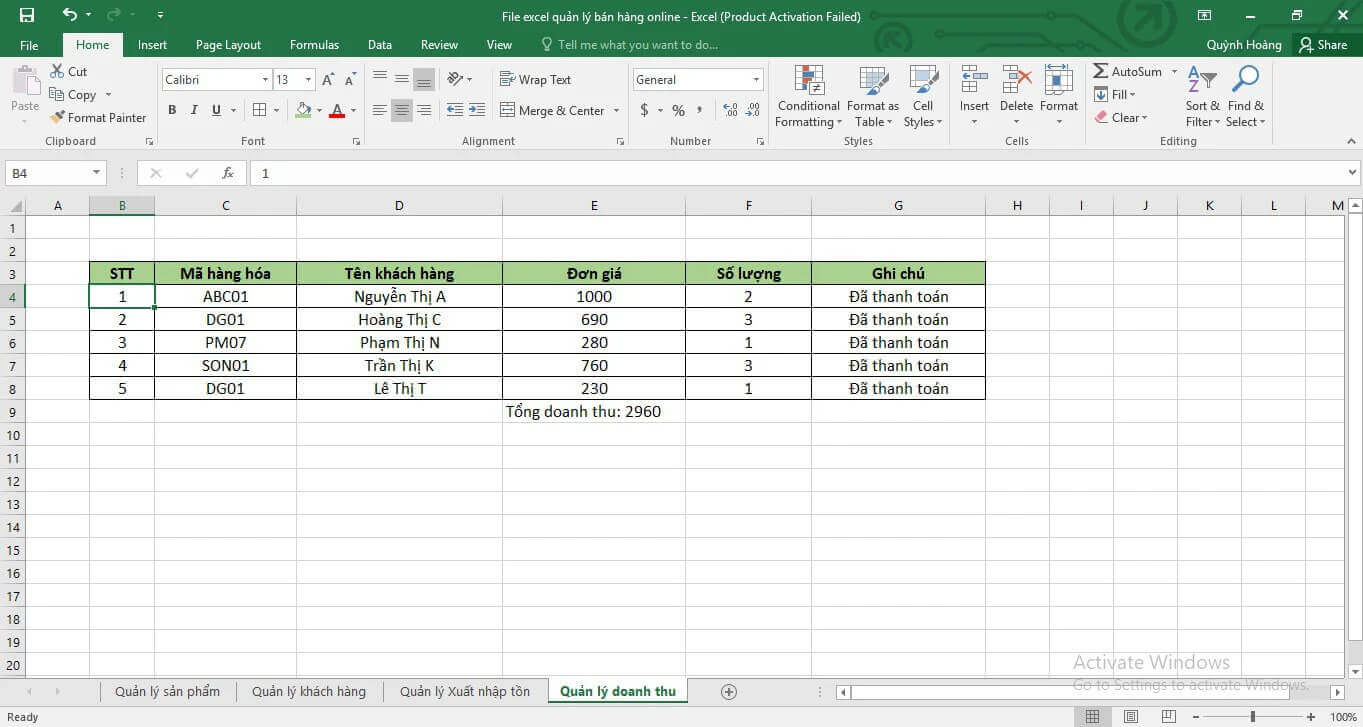 Quản lý bán hàng bằng Excel 2007 miễn phí