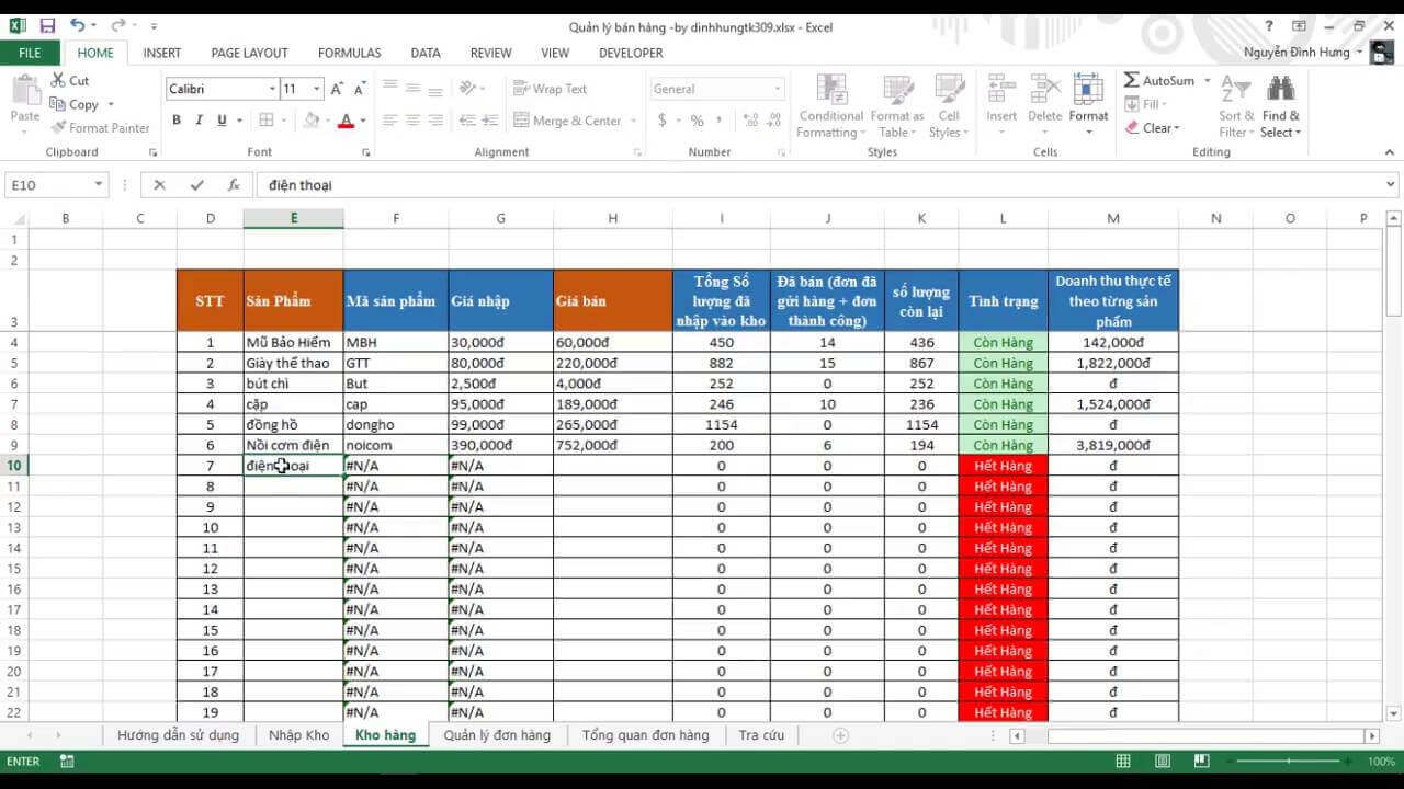 Quản lý số lượng hàng hóa bằng Excel