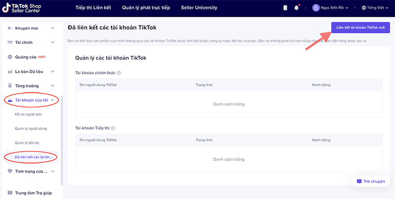 liên kết tài khoản TikTok Shop